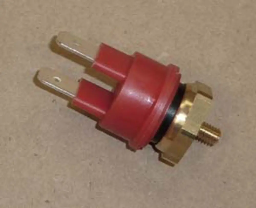 Temperatursensor von Remeha mit zwei Anschlussstiften und rotem Gehäuse, montierbar auf einer Oberfläche mit einem metallischen Gewinde.